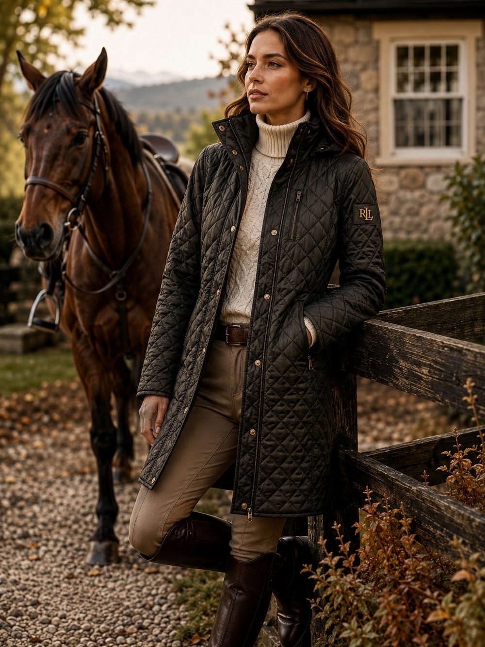 Lauren Ralph Lauren Diamond Quilted Equestrian Hooded Coat Black PM